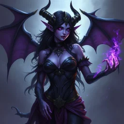 drow elf woman, sorceress, enchantress, dark hair, purple skin, demonic, digital art, dark fantasy