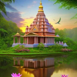 indian temple at sunrise in the jungle, lake with lotus flowers, perfect composition, hyperrealistic, super detailed, 8k, high quality, intricate details, highly detailed