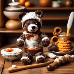 A crocheted toy chef resembling a friendly bear, dressed in a chef's uniform with a crochet rolling pin in hand, standing next to a tiny crocheted oven and a table set with tiny crocheted food items, evoking a sense of culinary delight