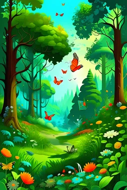 Un paisaje de bosque verde con árboles altos, flores vibrantes, y la danza de mariposas. En el suelo, animales curiosos exploran mientras aves melodiosas llenan el aire con sus cantos."