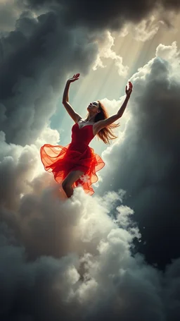A beautiful Spanish flamingo dancer with a beautiful red dress raising her hands while dancing swirling clouds, emerges from the heart of a raging storm. Turbulent winds of steam swirl around the louds lit by shafts of sunlight that cast dramatic shadows on the A beautiful woman High quality 16k cinematic scene and great photography