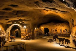 A brownish bronze underground mining village designed in Lascaux cave paintings painted by Diego Rivera