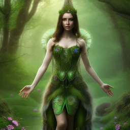 delicate hands with clue, upper body of dark celtic selda, fast walker, as a brunette young cute feminine woman, short hair, green forest background, pond, mega flowers,peacock,sun light