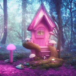 a cute pink and blue fairy house in the forest, spring time, mushrooms, 8k, flickering light, centered, high-quality, fine-detail, digital art, detailed matte, volumetric lighting, illustration, 3D octane render