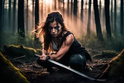 Warrior girl with black tears down her face, gritty, crouching down low at edge of thick forest at dawn, ready to attack, focused, determined, sword, looking off to side, photo realistic photograph