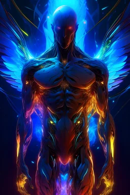 Ultra detailed illustration of the hole body of a more masculine angel, phantasmagorical figure, (((translucent skin:1.5))), (((translucent body:1.5))), art by Mschiffer, neon lights, light particles, colorful, cmyk colors, backlit, cyberpunk