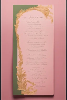 An extremely formal, funeral program written in French for a black woman on salmon pink deeply pigmented velvet paper with brilliant, brightest heavy golden greenish calligraphy fonts, simple, minimalistic, less element, very dramatic lighting