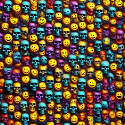 ANATOMICALLY CORRECT digital photograph of wall of multicolored SKULLs OF freshly skinned SMILEY FACEs with fine line, highly detailed, high resolution, 8k 3d, vray, horrorcore, vivid, btight