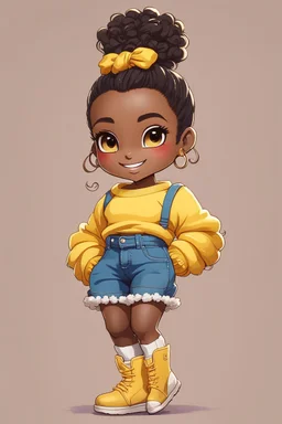 Create a detailed and vibrant illustration of a chibi-style character with dark skin and curly hair tied back in a high ponytail with a yellow scrunchie. The character is wearing a yellow off-shoulder sweater, blue jeans, and tan-colored boots with fluffy white trim. The character has a confident and cheerful expression, with large expressive eyes and a bright smile. Add gold hoop earrings and a heart-shaped necklace. The character should be standing in a dynamic pose with one hand on their hip,