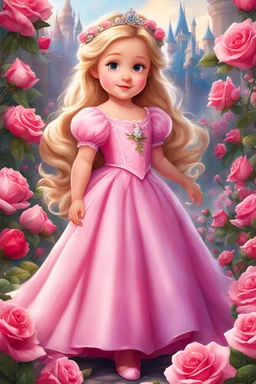 a little girl in a pink dress surrounded by roses, beautiful princess, cute cartoon character, cute cartoon, beautiful pink little girl, disney cartoon, disney princess, disney art, blonde - haired princess, princess, disney artist, princess girl, fairylike, beautiful fairy, disney's princess, antasy character, fairytale artwork, beauty girl, disney character, beautiful female princess