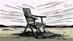broken wooden chair, anime, monochrome, black background, ink, simple, maximum quality, broken hinge, barely functioning, centered on frame, far view, in the middle of a grassy hill, white sky with cumulonimbus