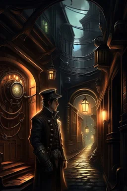 man in dark clothing, hiding around a corner., looking out on a brightly lit steampunk street