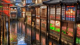 Japanese City of Honey and Nectar, Art Nouveau, Photorealistic, Hyperrealistic, Highly Intricate, Highly Detailed, Stunning Reflections, Stunning Textures, Dazzling Atmospheric