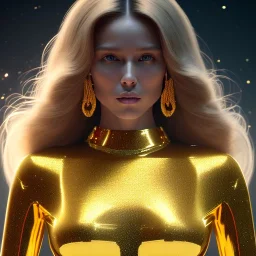 beautiful cosmic golden woman, long hair, nice smiling, magic glamour make up, delicate colors, beautiful glamour galactic golden dress, ultra sharp focus, 8k, unreal engine 5, extremely sharp detail, light effect, soft light atmosphere of a spaceship, smooth, full of details, face in front, complete vision of body