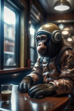 Space suit monkey with glass helmet sitting at a cafe, he, realistic, textured fur, hdr, photoshop, photography, 4k, 16k, leica, fujifilm