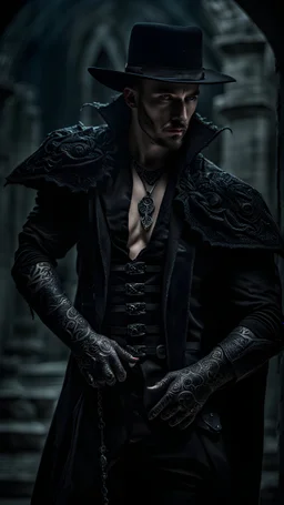 dark fantasy, vampire hunter, tattoed, close up, intricate details, insane details, volumetric lighting, ominous atmosphere, ominus lights, spectral atmosphere, castle scenario, modelshoot style