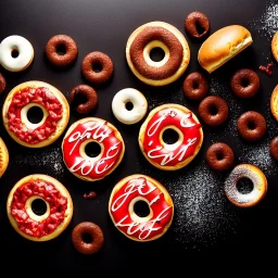 Pizza, hamburger, coca-cola, donut, coffee, black background