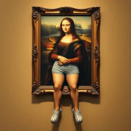 A painting of Mona Lisa on the wall, the frame with shorts and Crocs attached to her human legs