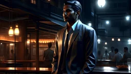 a man in artwork of namal rajapaksha, detail, smooth render, city scenery, restaurant, full body, down-light, dark winter, ar 16:9