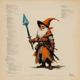 ConceptSheet: gnome sorcerer and her dagger with AD&D statistics [by frank frazetta]