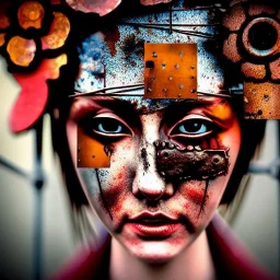 an abstract painting of rusted metal and flowers, Geisha portrait, rust, scaffolding, iron cladding, decay, mixed media, textured, anatomically correct, beautiful perfect face, sharp focus, highly detailed by Alberto Durero 8k