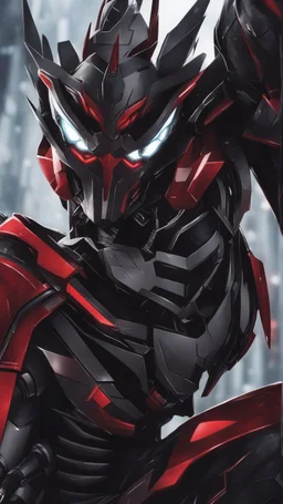 A very close picture to Mix between symbiote and machine and batman in transformers cyborg with black metal and red details armor in solo leveling shadow art style with red details detailsis in fantasy world