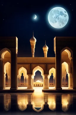 a beautiful moonlit Arabic scene. atmospheric. huge palace and immense view of the night sky