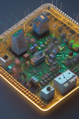 microscopic community living on a circuitboard:: hyperrealisitc circuitboard:: 8k