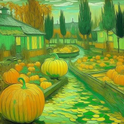 A light green swamp with pumpkins near a laboratory painted by Vincent van Gogh
