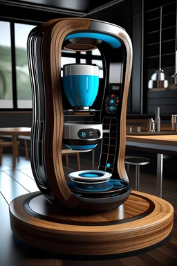 An ultra-advanced and futuristic home coffee maker with a touch screen and a curved shape inspired by bionic coffee beans and with a fun and different color palette made of wood and glass and The ability to grind coffee while brewing it