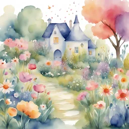 Create a charming and whimsical children's illustration in a watercolour style featuring a garden full of flowers. The scene should evoke a sense of magic and playfulness, making it an enchanting visual for young readers. Emphasize vibrant colors and an overall delightful atmosphere. Let the illustration capture the imagination, making it a perfect addition to a children's book or any playful setting. In the center there is a blooming flower with a dressed newborn baby girl laying inside of it.