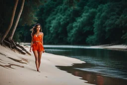 beautiful girl in blue and orange short and top walking toward camera in trees next to wavy river with clear water and nice sands in floor.camera capture from her full body front