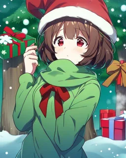 Girl with short brown hair, red eyes, green sweatshirt with a horizontal yellow stripe, he is wearing a Christmas hat, and in the background there are trees in the cold winter with lots of snow, Anime Hq style