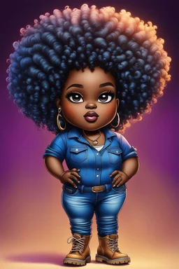 vibrant psychedelic pop punk image, airbrush, 48k, cartoon art image of a plus size chibi dark skinned Black female wearing a sapphire blue jean outfit with timberland boots. Prominent make up with brown eyes and lush lashes. Highly detailed tight curly ombre afro