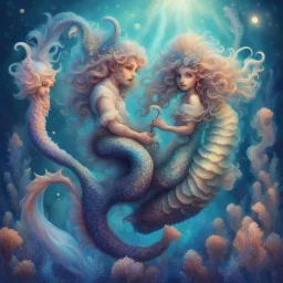 luminescent. mystical, mermaid gnome couple with long curly fancy flowing tail. Riding a seahorse, Marine life Background. perfect facial features. Hyperdetailed, dreamlike.