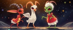 disco glittery goose goat ant alien gremlin anime