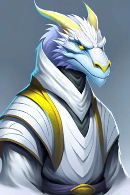 half shot of a white dragonborn with golden eyes, gentler features, calm, pure white scales, dark grey sleeveless robes, grey trousers