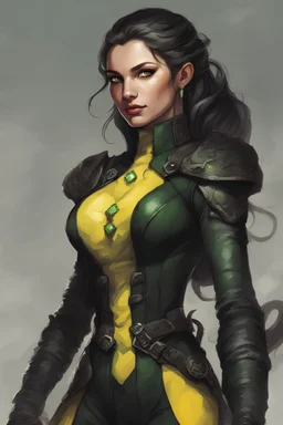 a female humanoid snake, dungeons and dragons, wearing a black leather armor, green scales, yellow eyes