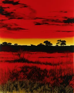 A dark grayish red fiery savanna painted by Andy Warhol