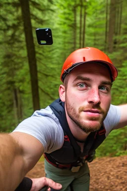 Red vested TF2 engineer taking a selfie at the forest