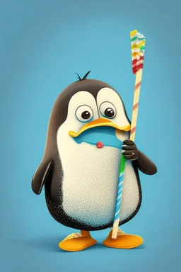 Cartoon character penguin eating lolly stick