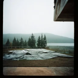 A polaroid photo of an odd room with structures. A transparent tarpaulin covers an image. There is a group of fir trees in the background and a high hill in the distance. A lake. The surface below is in a pastel color. Fog is present.
