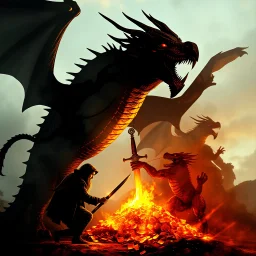 photographic Double exposure silhouette of a Dragon with a fantastical sword and sorcery dragon's hoard and a Hobbit thief greedily eyeing the gold and jewels. The image fuses two scenes together, giving it a surreal, profound, and dark fantasy aesthetic. The movie poster quality art is highly detailed and drawn in a style reminiscent of modern dark fantasy compositions