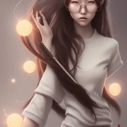 Seting Korean gamer girl , long Brown hair, White headfone, hands on the Chen, round glasses ,elemental face, Unreal Engine 5, highly detailed, highest quality, digital painting, complex 3d render, unreal engine render, insane detail, intricate photograph quality, magnificent, highly intricate, Realistic photography, holding scepter , highly detailed, highest quality, digital painting