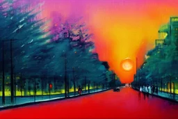 City, sunset, trees, retrowave influence, lesser ury painting