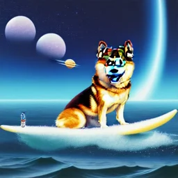 shiba inu surfing in space