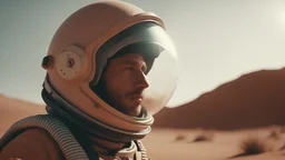 cinematic, a walking male astronaut with helmet, wide shot, sand - storm, mars desert, peach light, movie still style raw