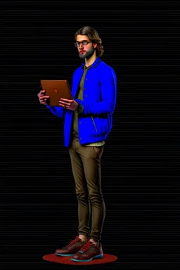 Modern guy, 20s, holding laptop, hand lower, looks like a renaissance painting, "standing forward", full body