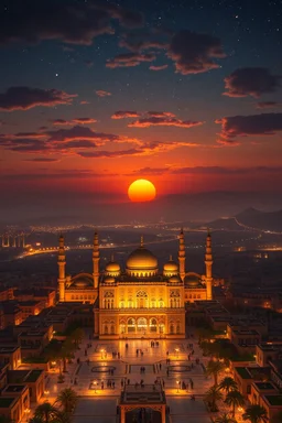 photographic realism. a beautiful city sunset Arabic scene. atmospheric. huge palace and immense view of the night sky.