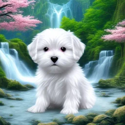 chiot bichon maltais blanc avec des cerisiers du japon et une cascade d'eau lumineuse